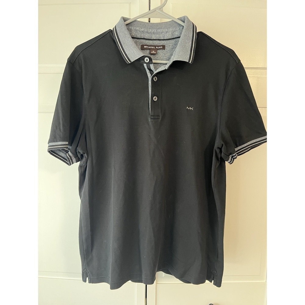 Michael Kors Mens Black Gray Short Sleeve Polo Shirt Size M Cotton Regular Fit